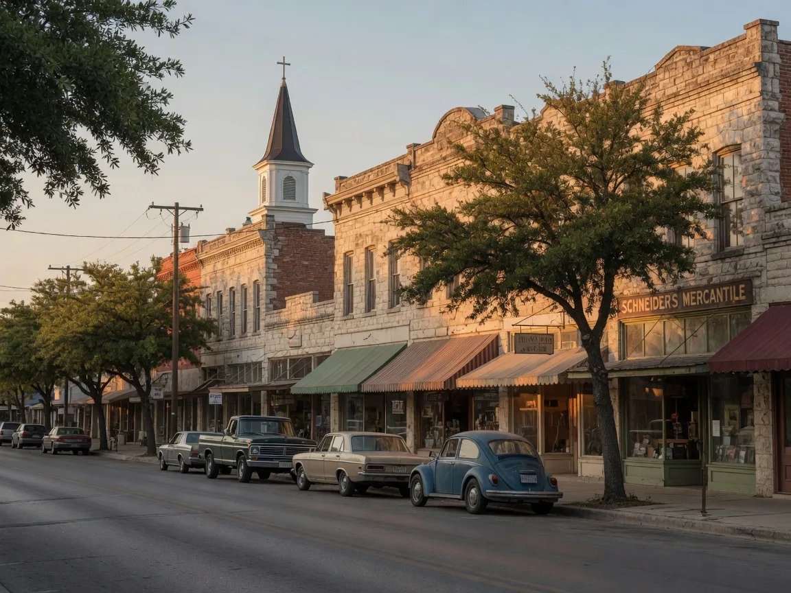 Historic downtown New Braunfels storefronts along a Texas-German main street in late afternoon light