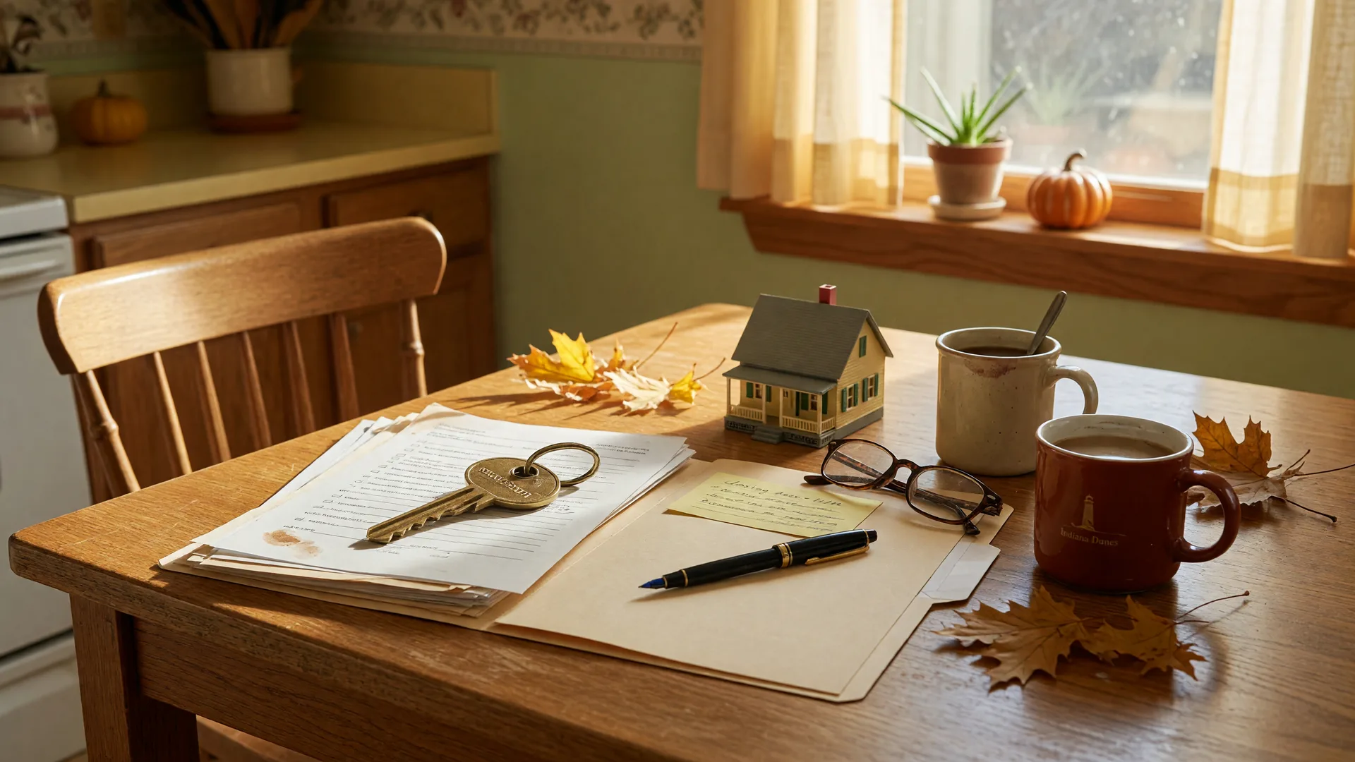 A warm still-life photograph of a brass house key beside an open folder of simple papers, a fountain pen, a small wooden model house, and two coffee mugs on a sunlit kitchen table