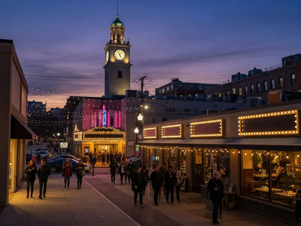 A walkable Maryland town center street with brick storefronts and outdoor cafe tables