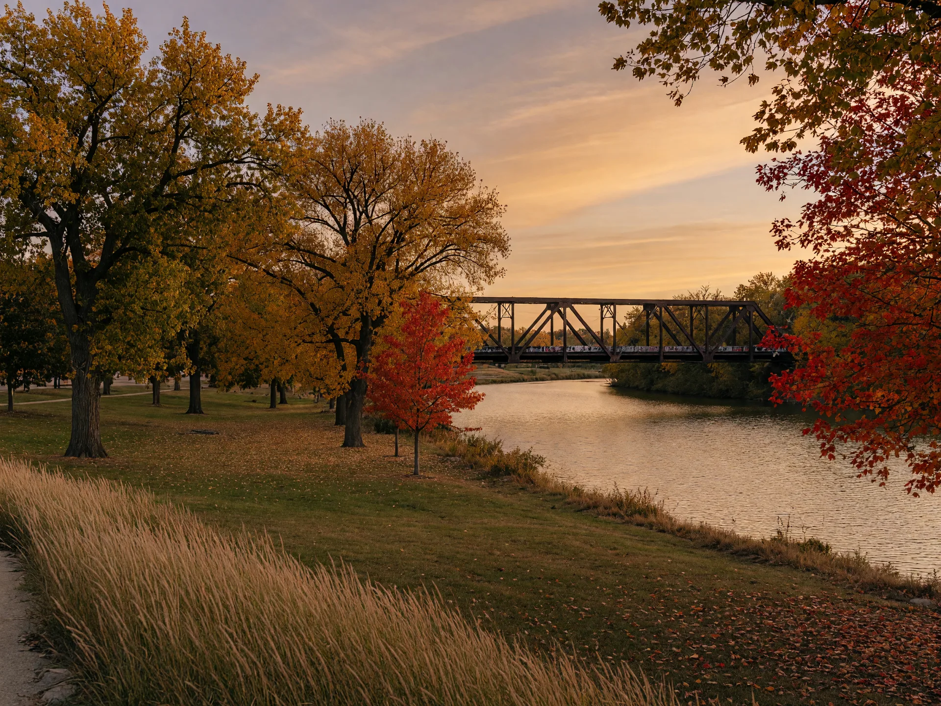 Autumn trees along the Illinois River in Peoria in early October, with gold and red leaves and a truss bridge in the distance