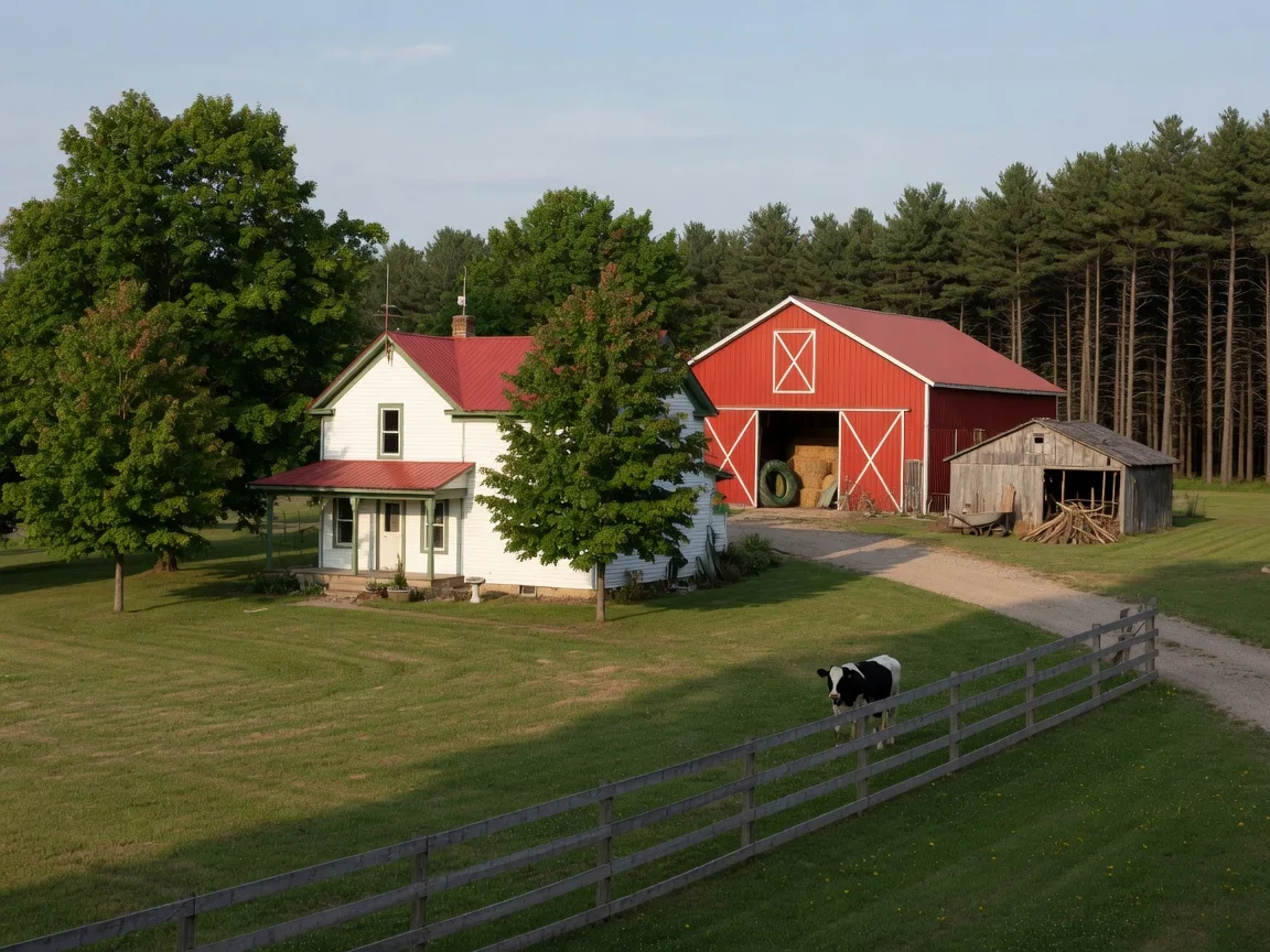 A white farmhouse with a red pole barn and outbuildings on acreage in Western Wisconsin