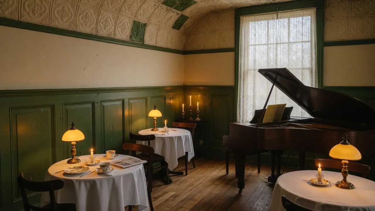 A warm candlelit heritage cafe dining room in Port Perry, with a grand piano beside a tall window, period wainscoting and linen-set tables
