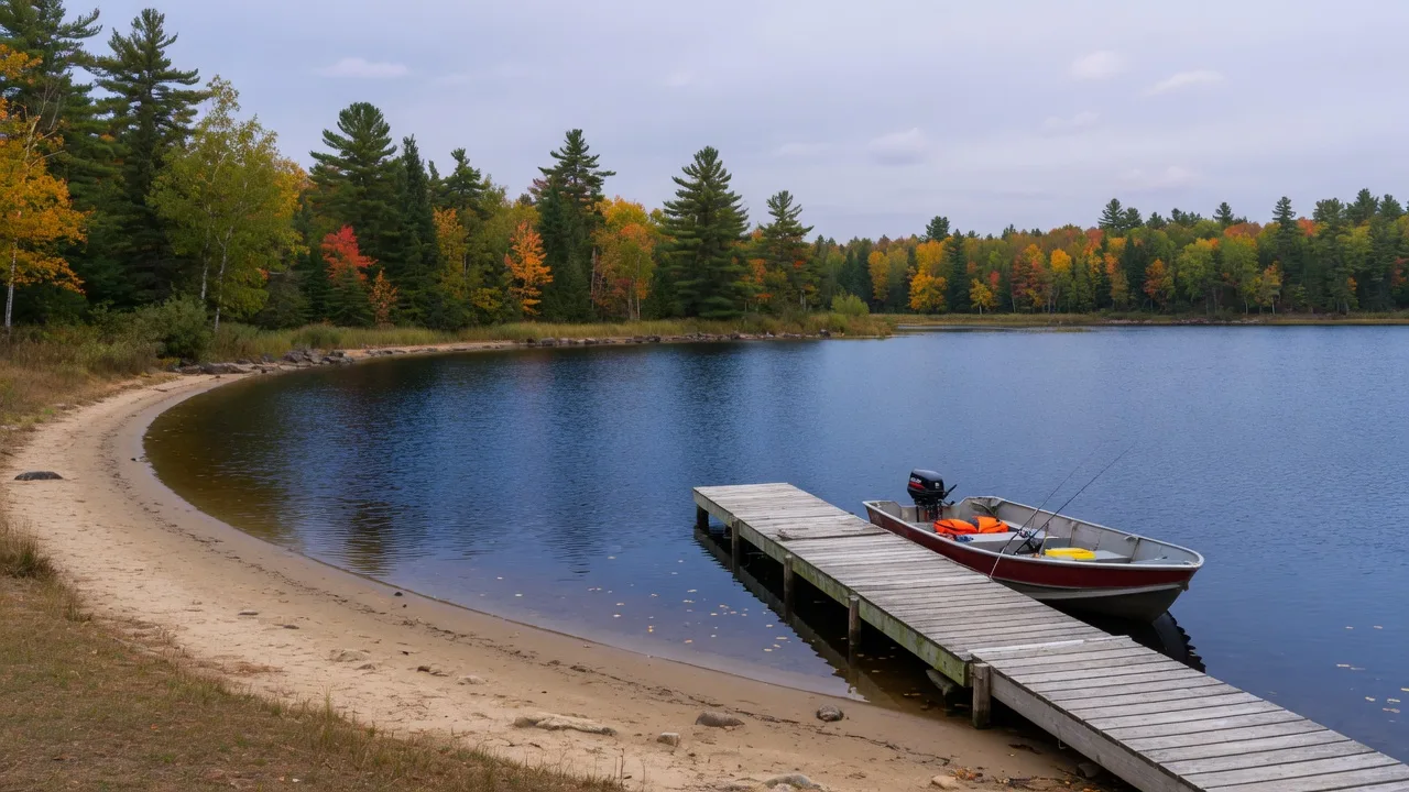 A calm North Long Lake shoreline near Brainerd in late October with a sandy beach, a weathered wooden dock, a small fishing boat, and gold fall color on the far shore