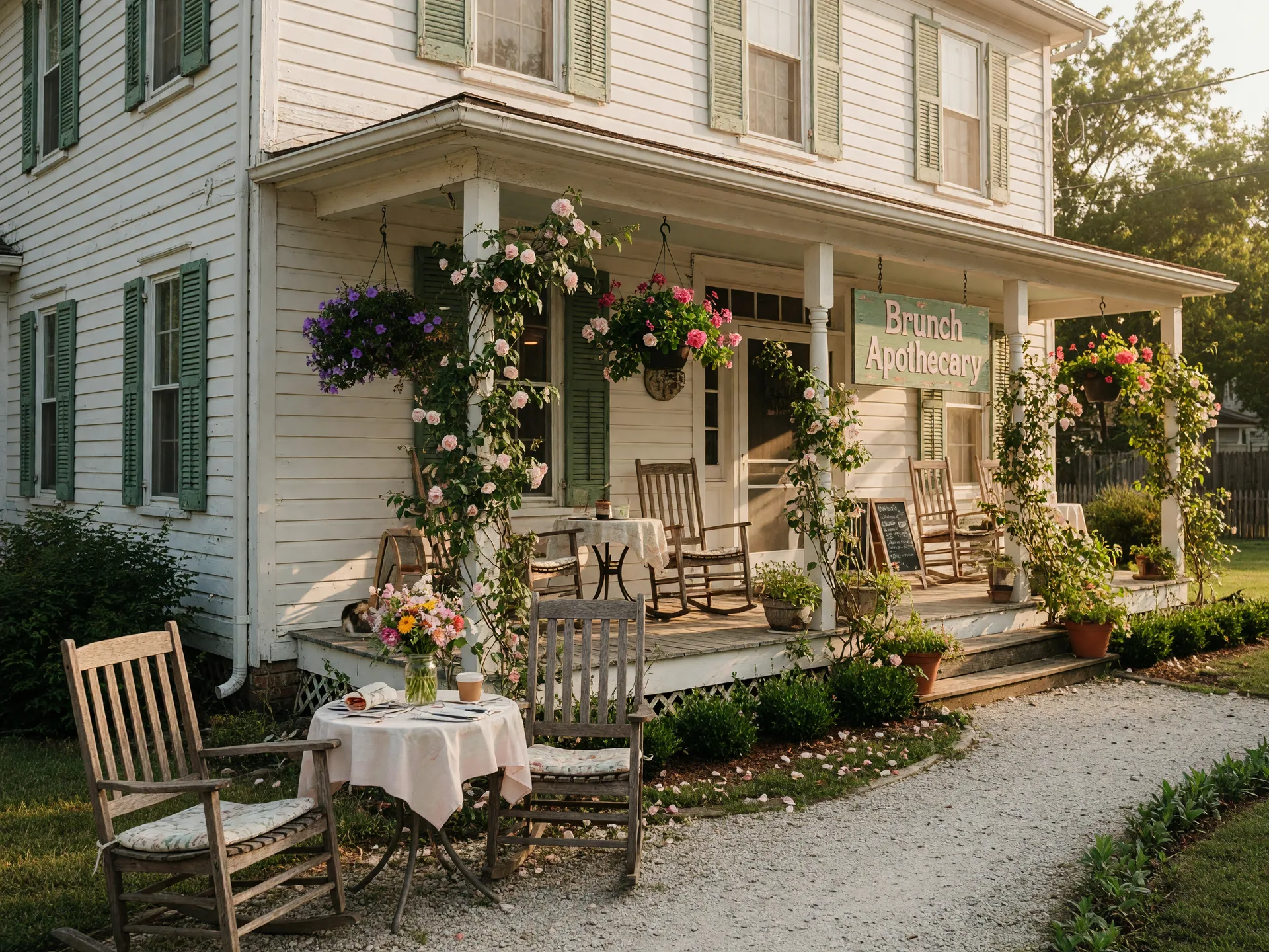 Charming converted home that houses The Brunch Apothecary in Dacula Georgia with rocking chairs, hanging flowers, and bistro tables on the front porch