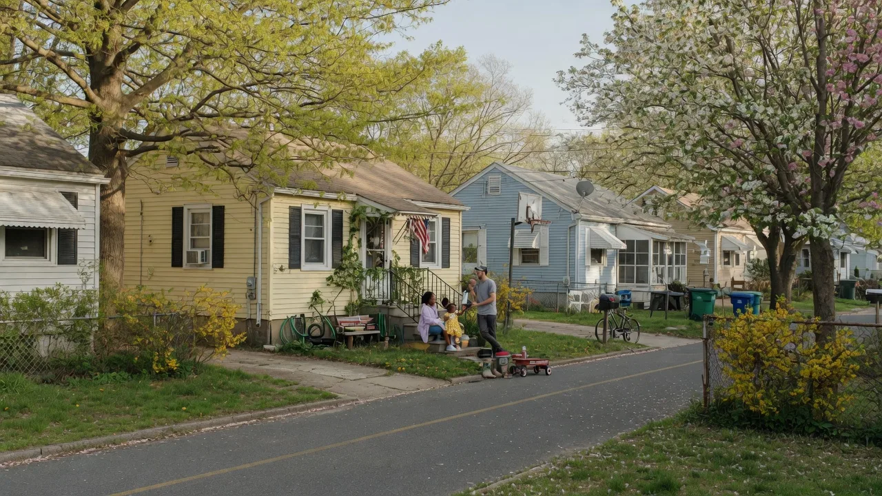 Affordable South Jersey neighborhood with ranch and Cape Cod homes on a sunny spring day