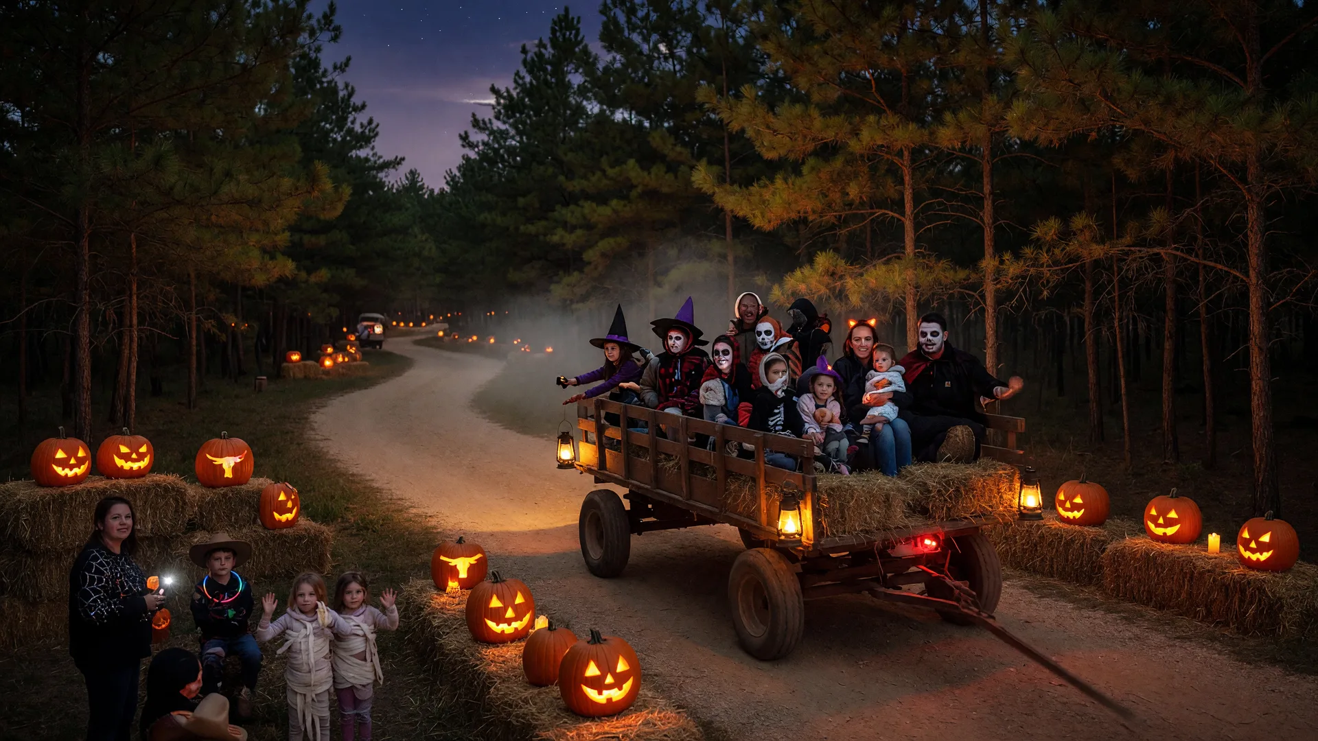 A Halloween haunted trail ride at a Texas recreation area at night, a hay wagon of bundled riders following a lantern-lit dirt path through pines with glowing jack-o-lantern lights