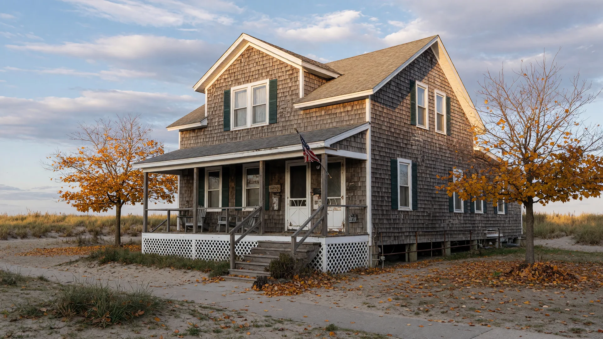 A classic Jersey Shore beach house with cedar shingles and an elevated porch in late autumn, dune grass in the front yard, and oak and maple trees showing fall color
