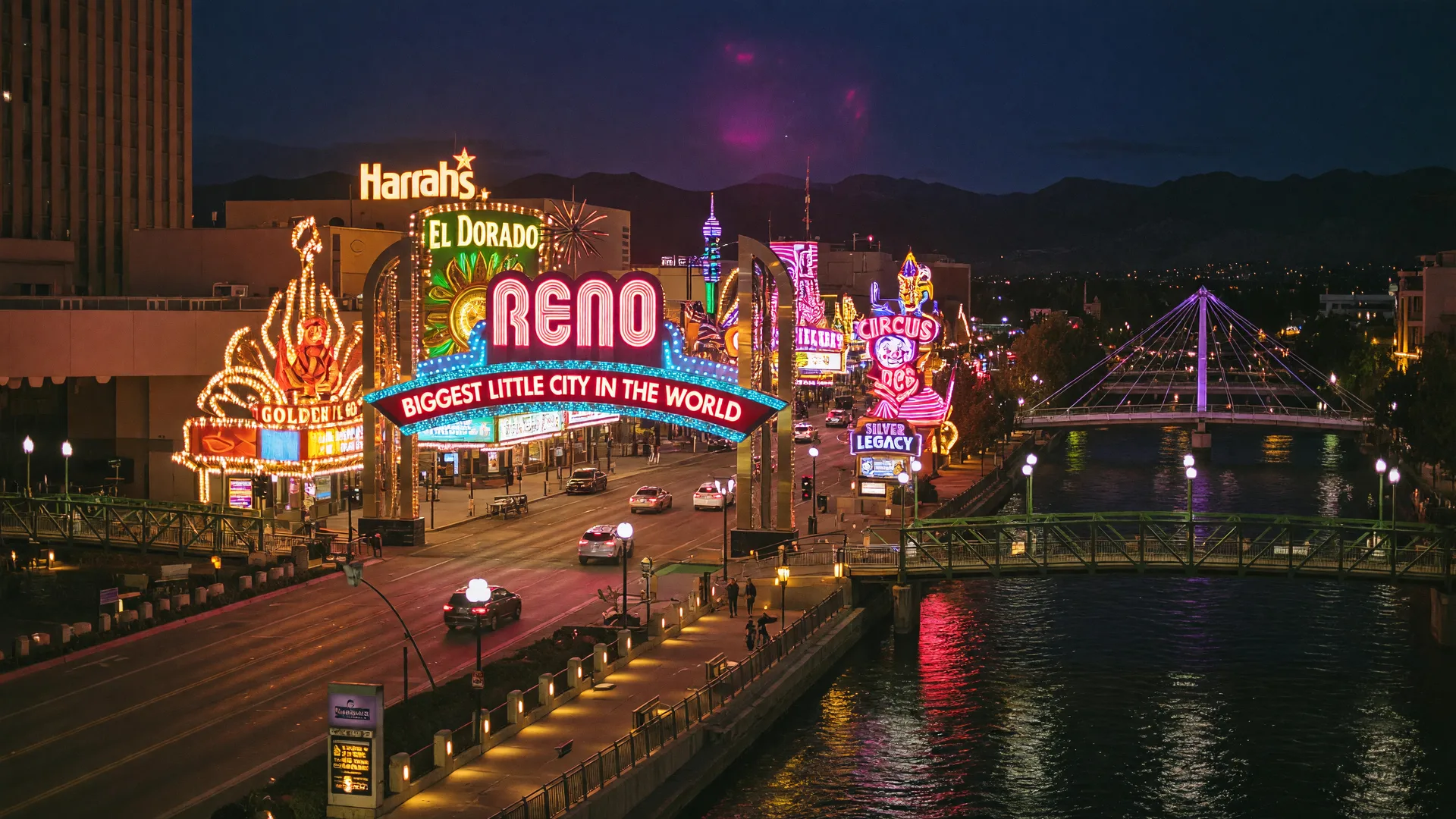 Downtown Reno at night with the iconic Reno Arch 'Biggest Little City in the World' neon sign, casino district lights, and the Truckee River flowing alongside