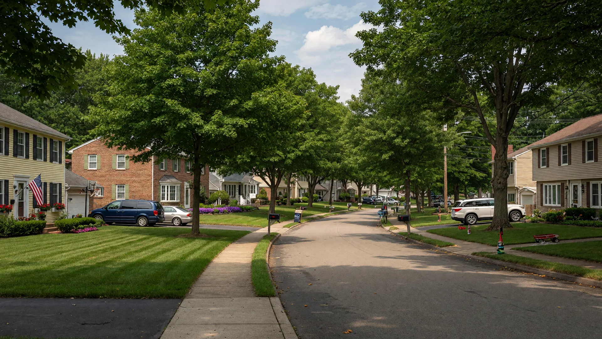 Tree-lined residential street in Strongsville, Ohio with well-maintained Colonial and split-level homes on a warm summer afternoon