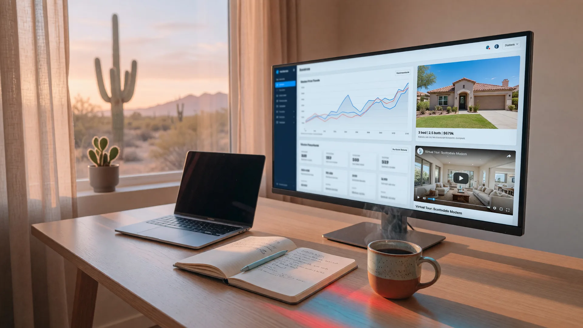 Bright modern home office desk with a monitor showing real estate analytics dashboards, pricing charts, and a listing website, a laptop and coffee cup in soft morning light