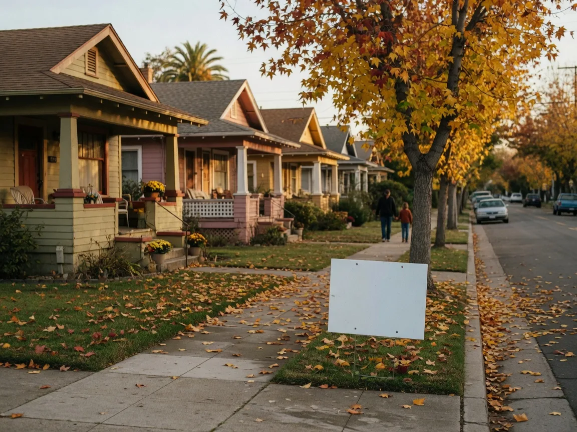 A quiet tree-lined residential street in downtown Merced on a Sunday afternoon in late October, Historic Craftsman bungalows with front porches, golden liquidambar leaves on the sidewalk, and a small open house sign on the curb in front of one bungalow