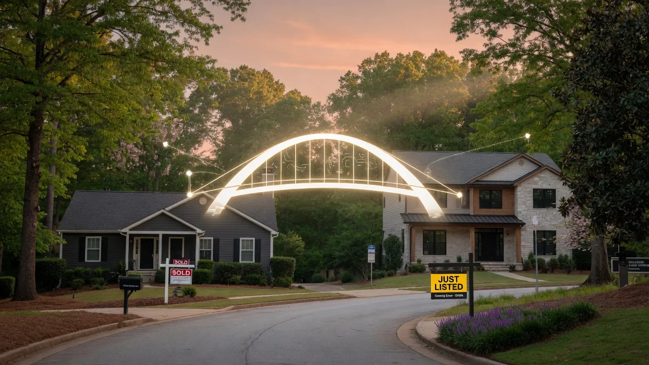 Two Atlanta homes at golden hour with a connection symbol representing a bridge loan between buying and selling