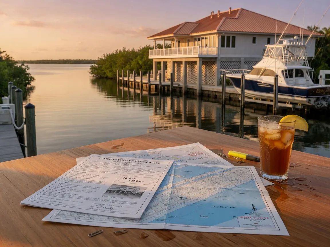 A Florida Keys flood elevation certificate and a survey map lying in sharp detail on a warm teak table beside a glass of iced tea, a calm deep-water canal with an elevated luxury waterfront home, a standing-seam metal roof, and a boat lift holding a sportfishing yacht glowing in golden-hour light beyond