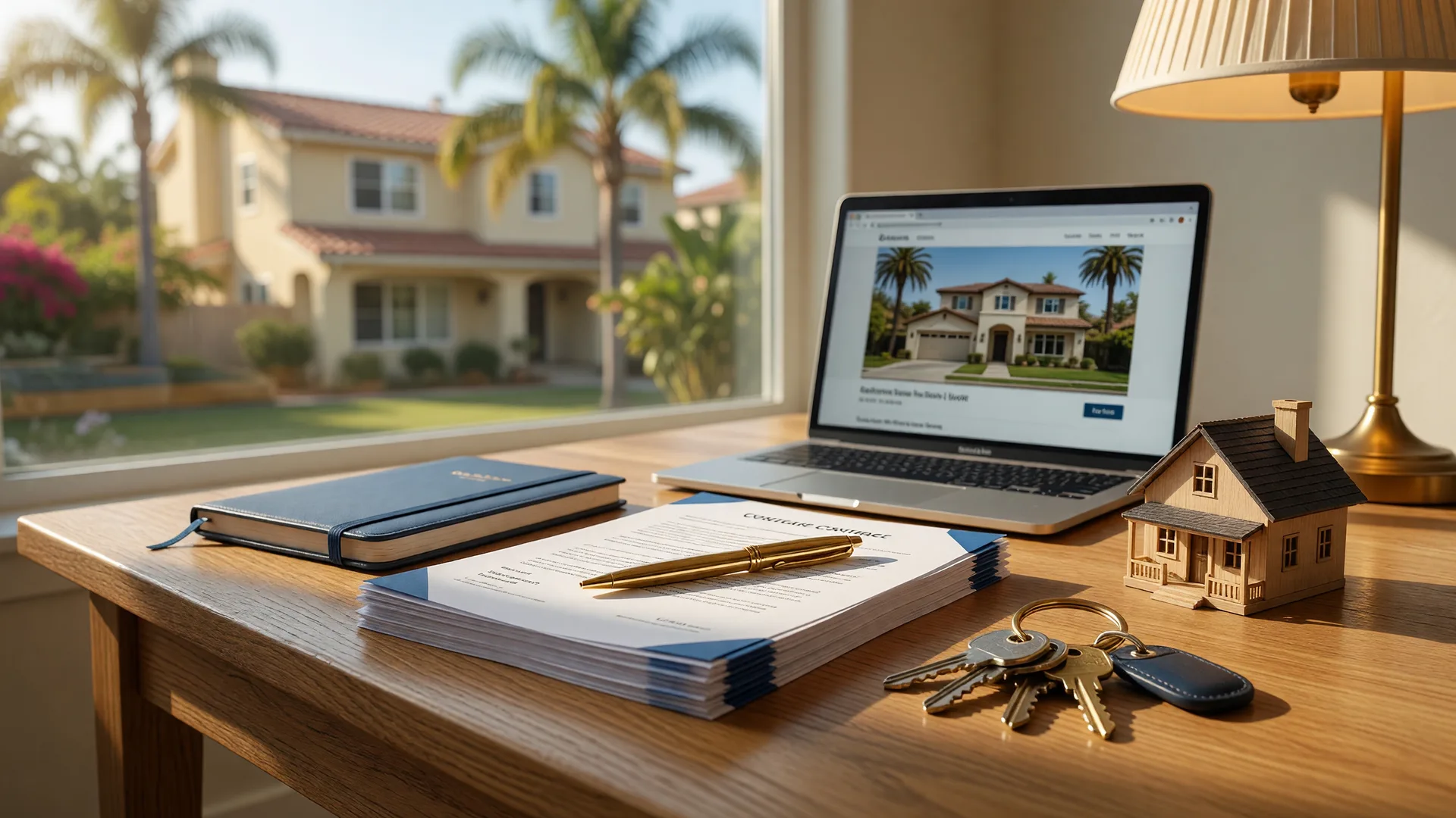 A real estate professional's organized desk with a purchase contract, gold pen, house keys, wooden model house, and laptop, with a California home and palm trees softly blurred through the window behind