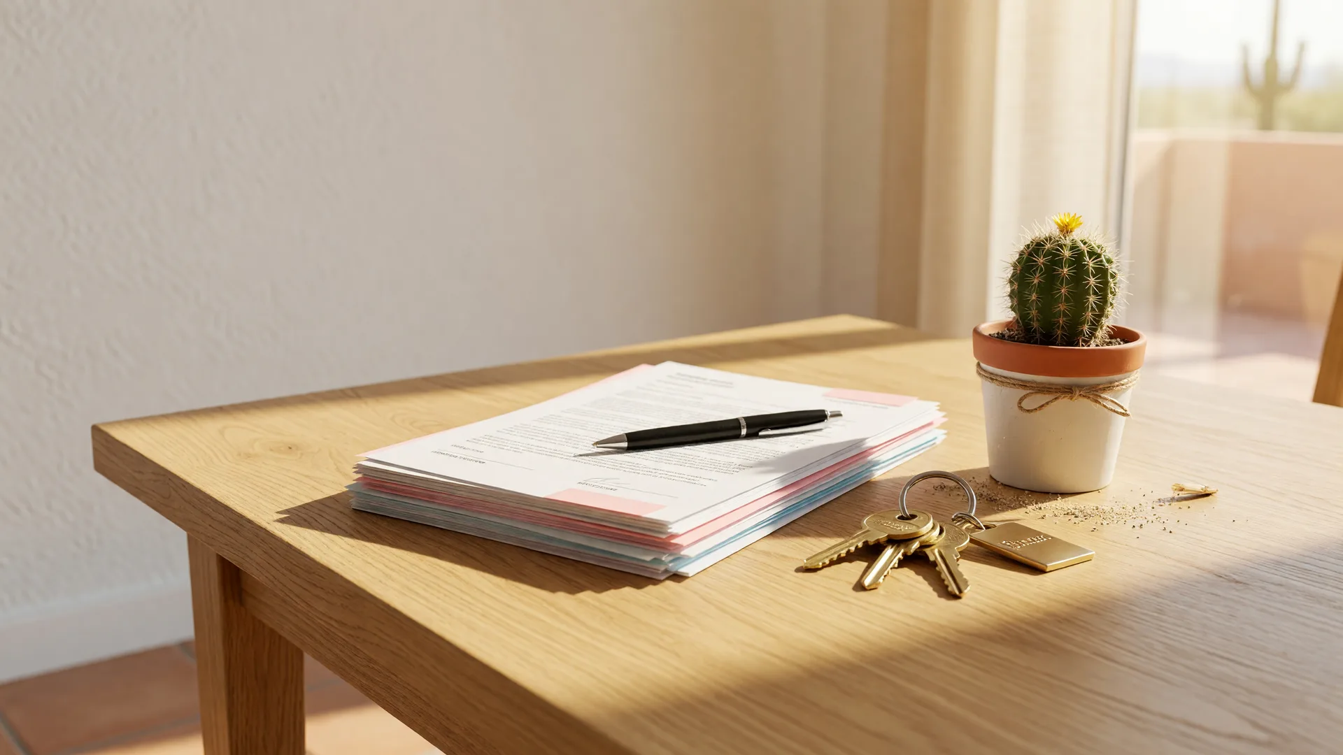 A stack of real estate closing documents with a pen, new house keys, and a small potted cactus on a light table in sunlit Arizona light