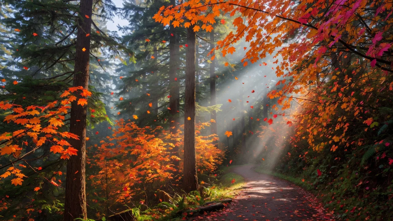 Autumn forest canopy with brilliant red and orange vine maple foliage beneath Douglas firs