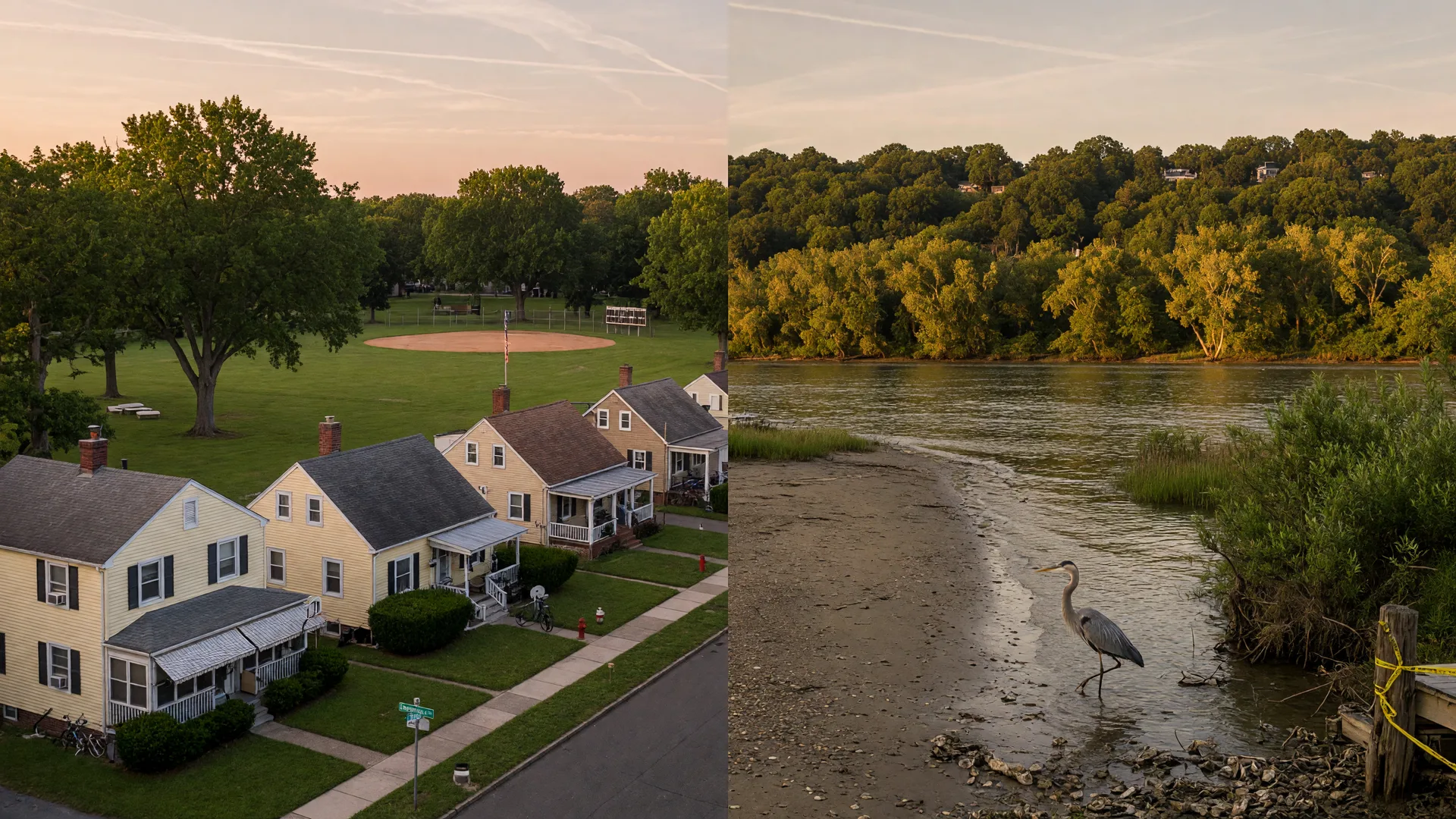 Split-screen comparison of a quiet suburban Cinnaminson neighborhood with a park green and the Delran riverbank shoreline at golden hour