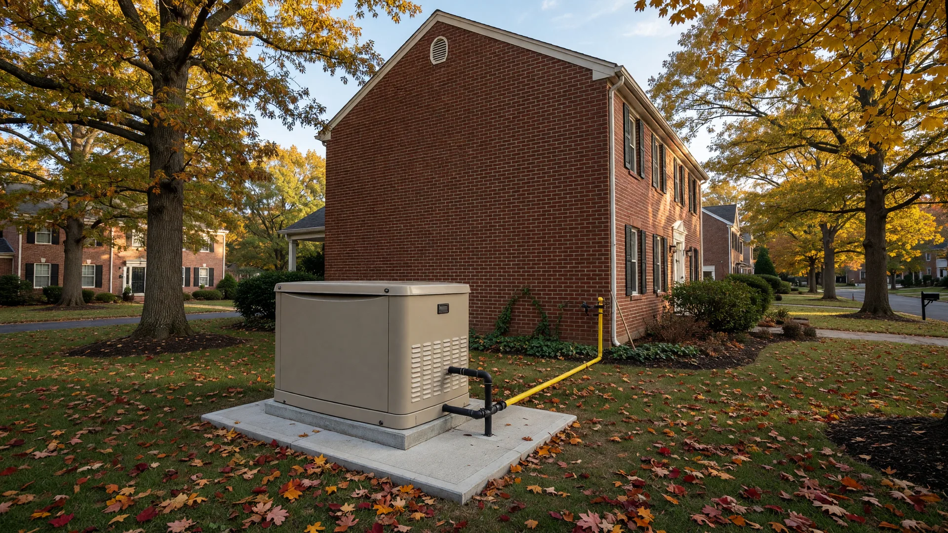 Residential standby generator in a metal enclosure on a concrete pad beside a brick colonial home in a tree-lined Cherry Hill neighborhood in autumn