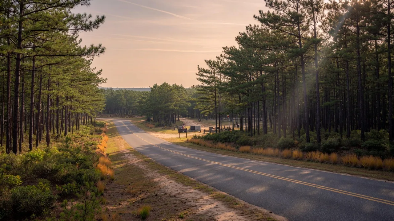 Scenic winding road through the New Jersey Pine Barrens in Tabernacle Township with tall pines and afternoon light