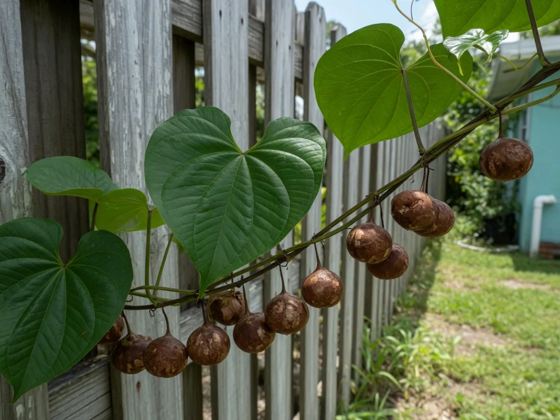 Air potato vine with heart-shaped leaves and round brown bulbils hanging from the stem
