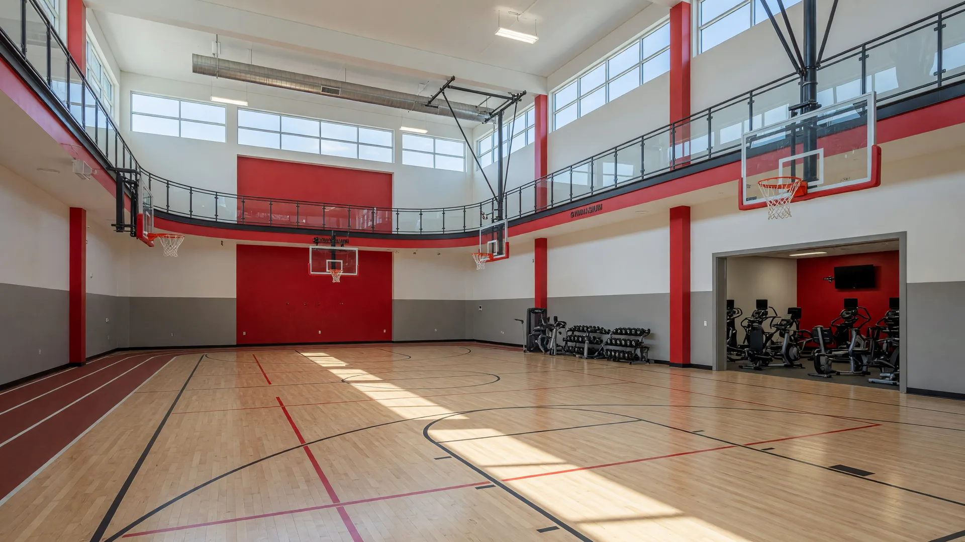 A bright modern community recreation center with a multi-court gym and elevated walking track