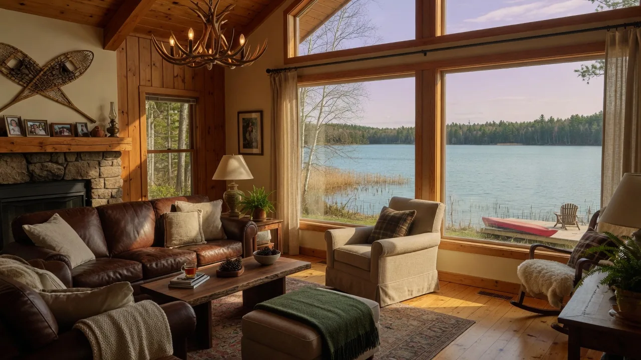 Furnished lake home interior with lake views