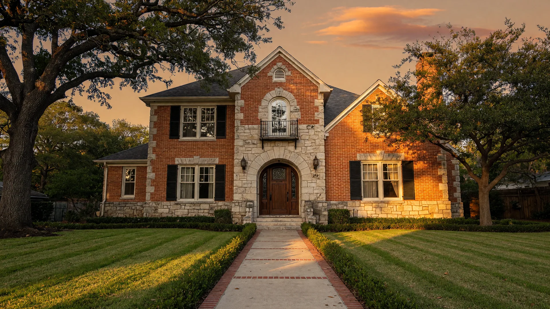 A stately Texas brick-and-stone home at golden hour with a manicured lawn and arched front door