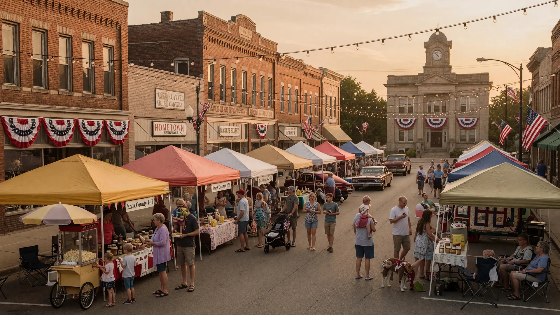 A warm late summer evening on a small-town Ohio Main Street with vendor tents, glowing string lights, and families enjoying a festival atmosphere
