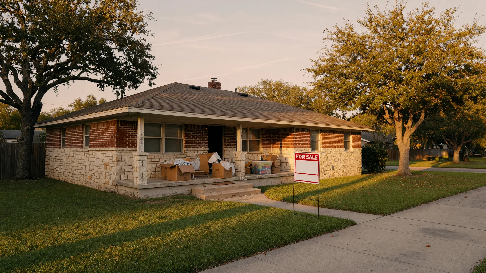 A single-story Texas home with a for-sale sign in the front yard and unpacked moving boxes on the porch, suggesting a recent purchase being resold, in warm late-afternoon light