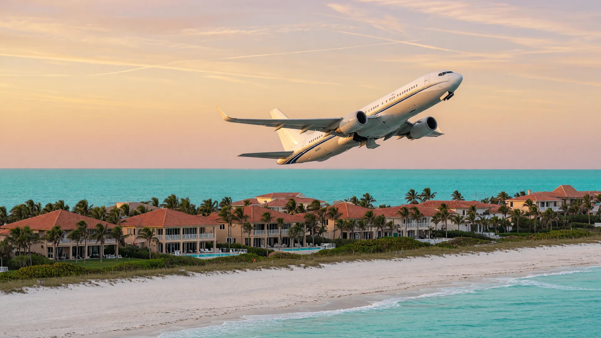A commercial airliner climbing over a turquoise Gulf Coast shoreline at golden hour, with coastal homes and palm trees below the flight path, representing part-time residents flying in to their Florida home