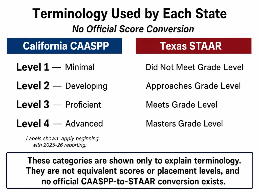 Side-by-side lists of California CAASPP and Texas STAAR performance terminology with a prominent warning that the categories are not equivalent and no official score conversion exists.