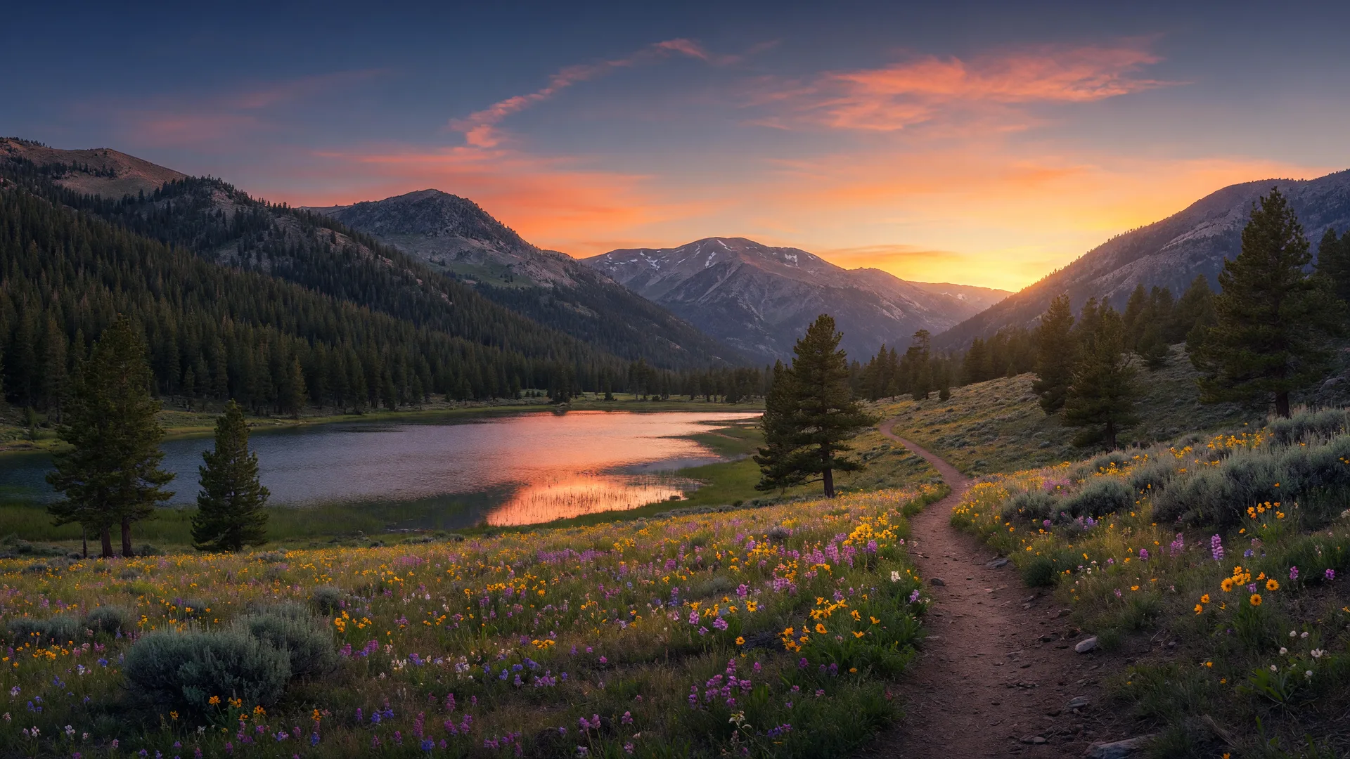 Peaceful mountain scenery with pine-covered peaks and wildflowers at golden hour.