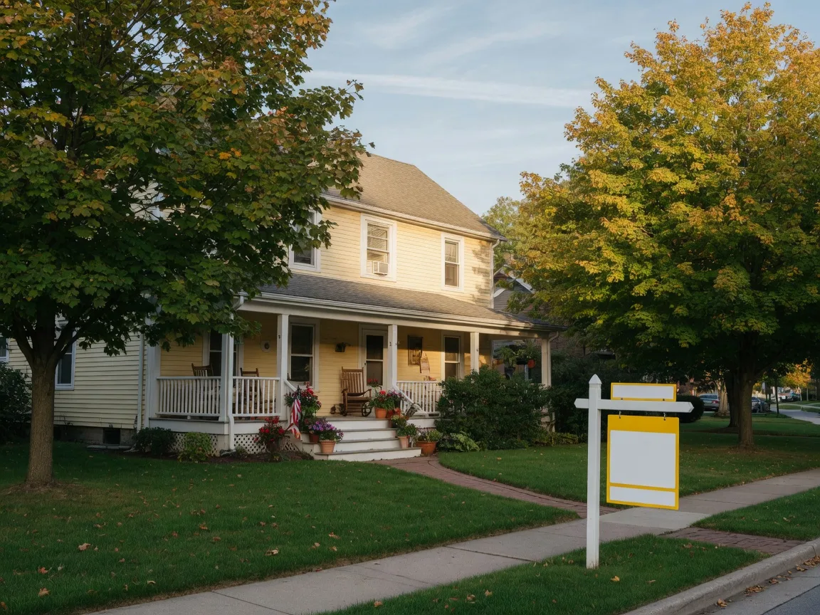 A welcoming single-family home with a front porch and a real estate sign at the curb on a tree-lined Ann Arbor street
