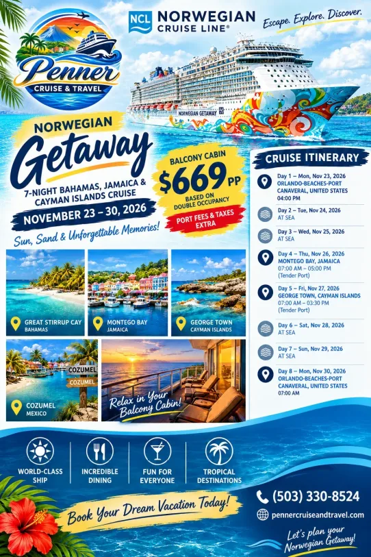 Norwegian Getaway Western Caribbean cruise offer departing November 23, 2026