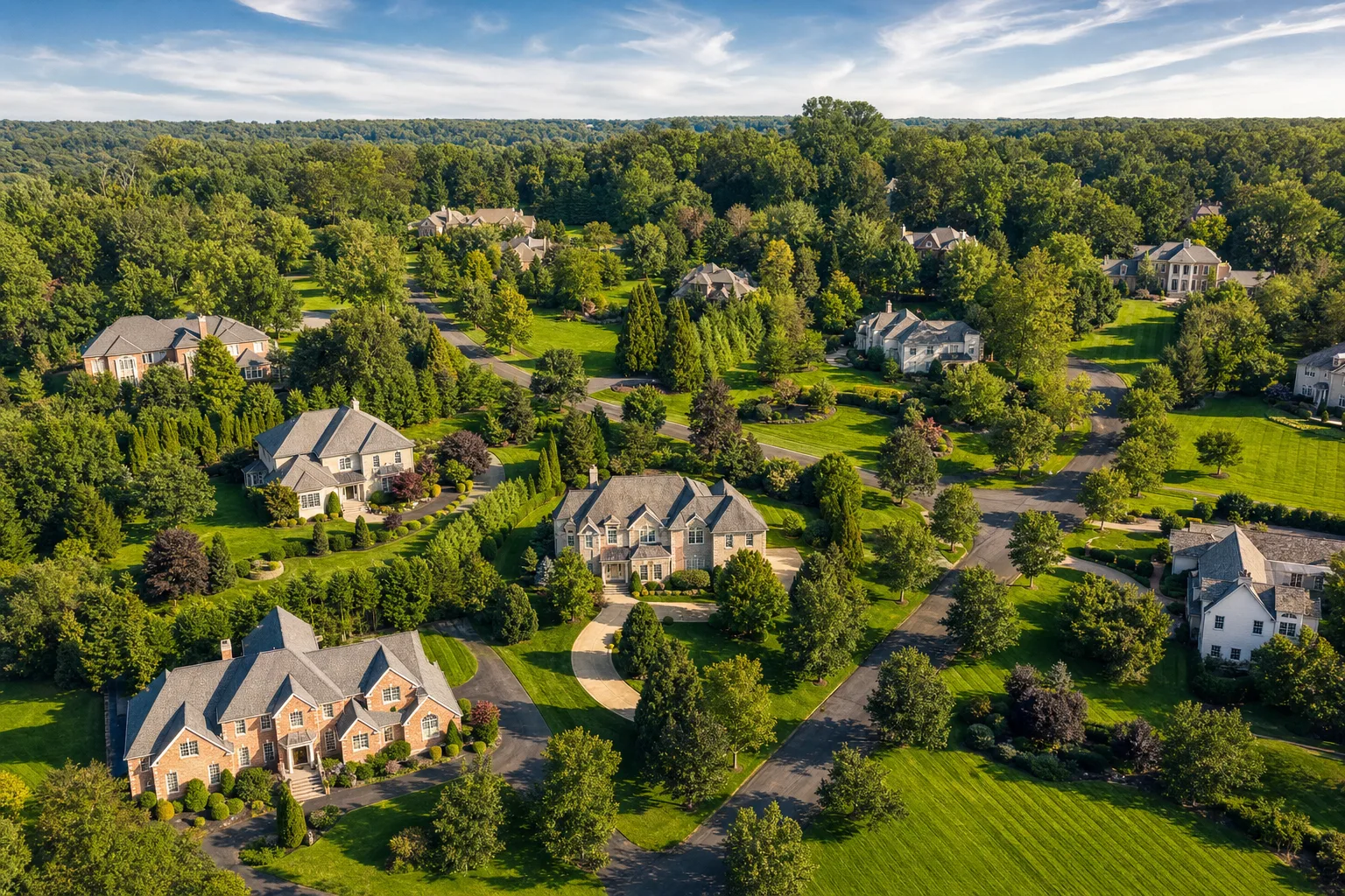 Aerial view of a leafy residential neighborhood in Potomac, Maryland in bright daylight