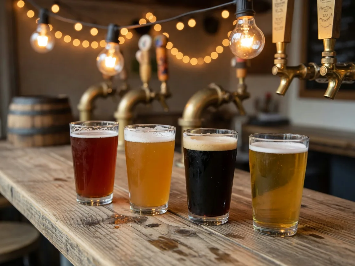 A flight of craft beers on a wooden table at Something Brewery in Brighton, Colorado