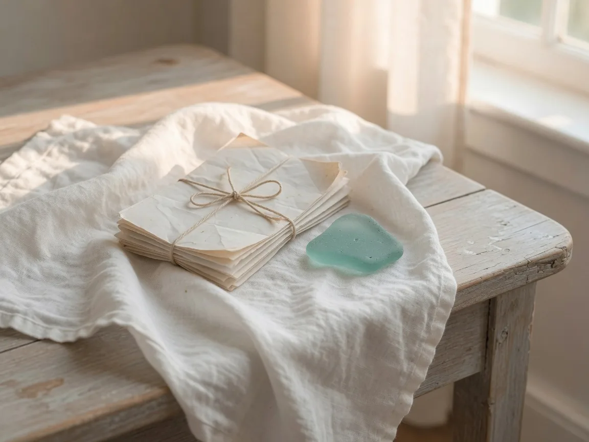 Still life of white linen with a string-tied bundle of papers and sea glass