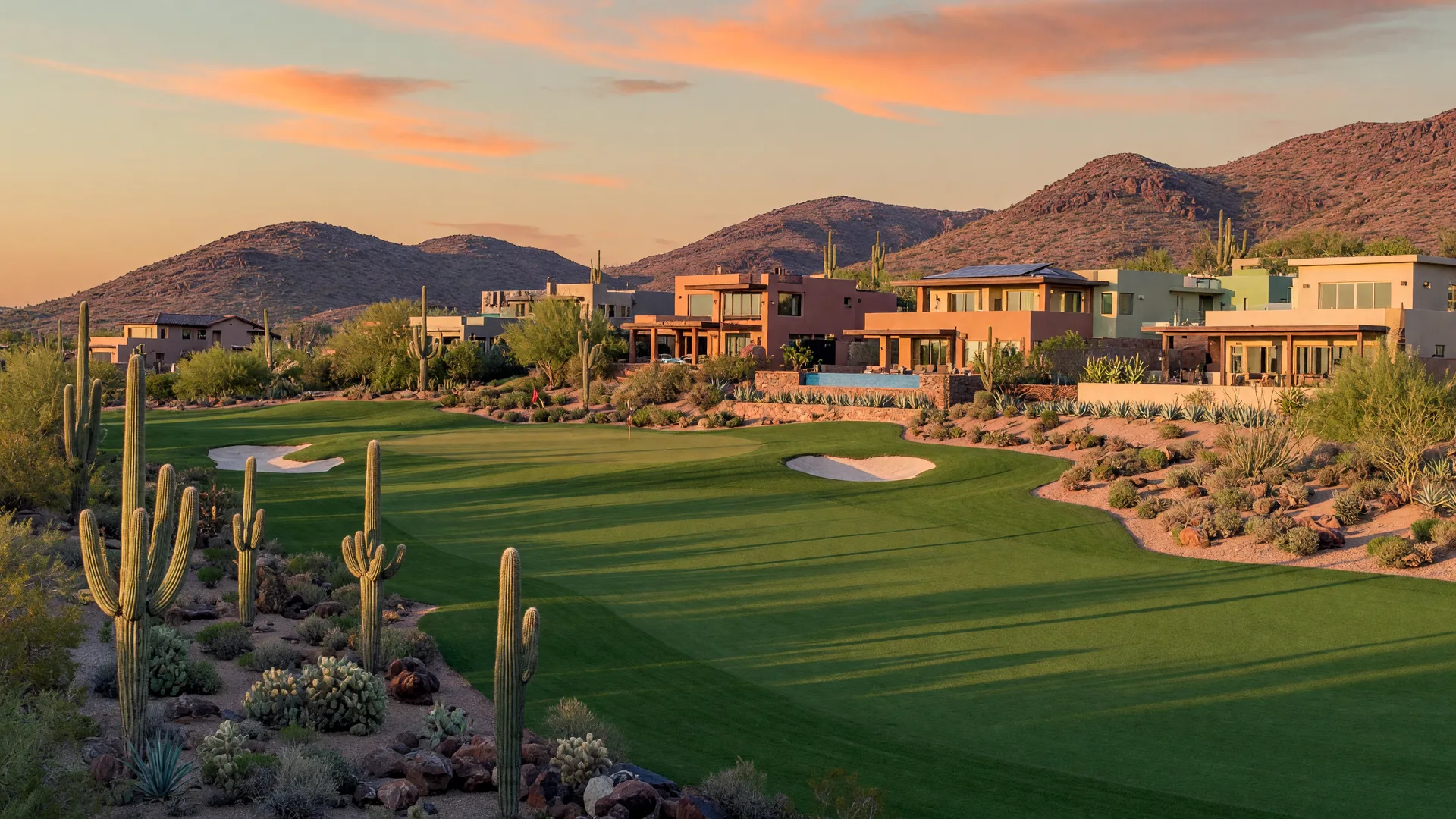 Arizona golf course community at golden hour with desert landscaping and homes lining the fairway