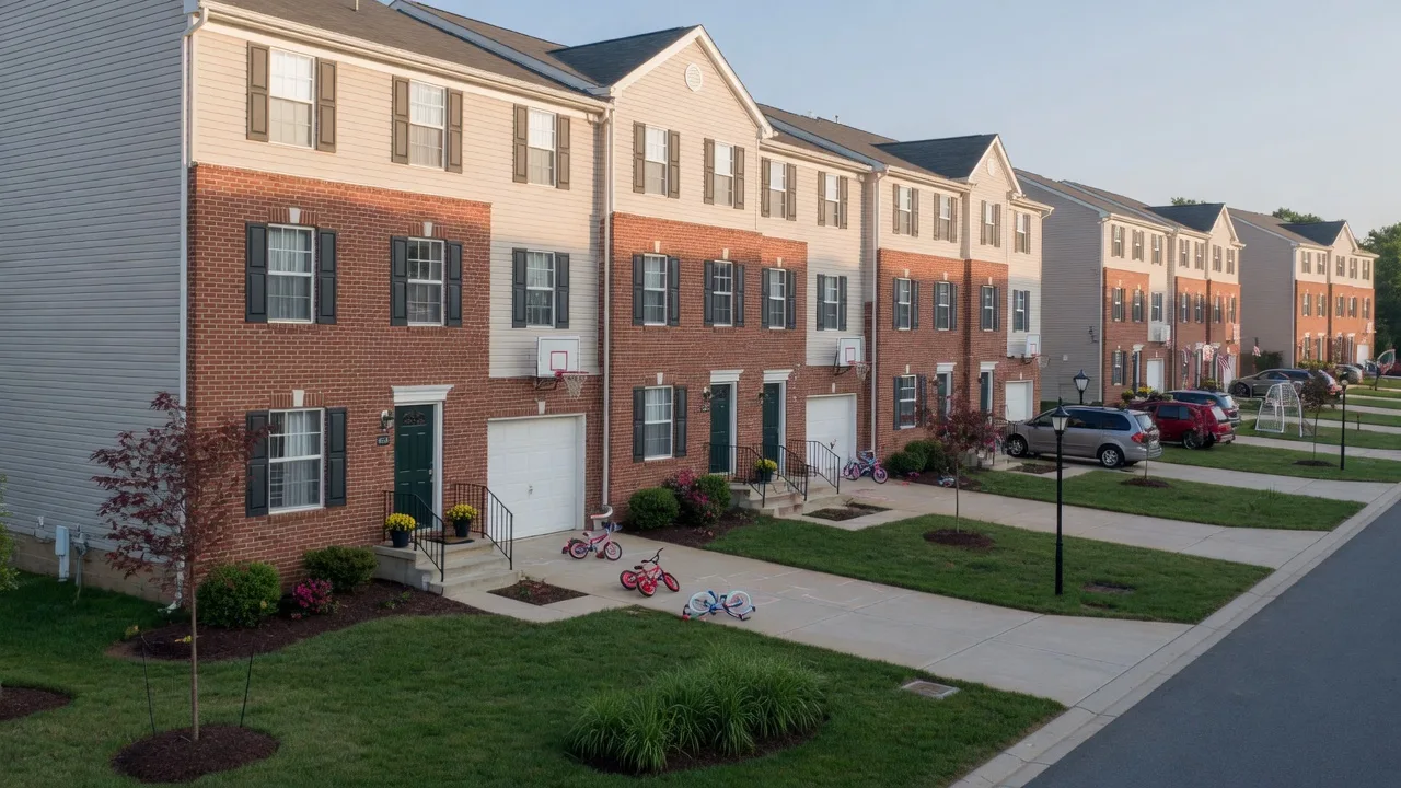 A row of brick and vinyl townhomes with small front yards and attached garages in a Manassas planned community