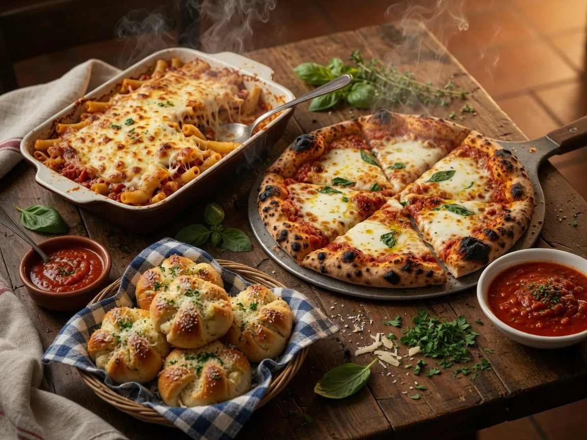 Italian comfort-food spread at Ippolito's in Suwanee Georgia featuring baked pasta bubbling golden cheese a wood-fired charred-crust pizza and a basket of garlic-Parmesan knotted rolls