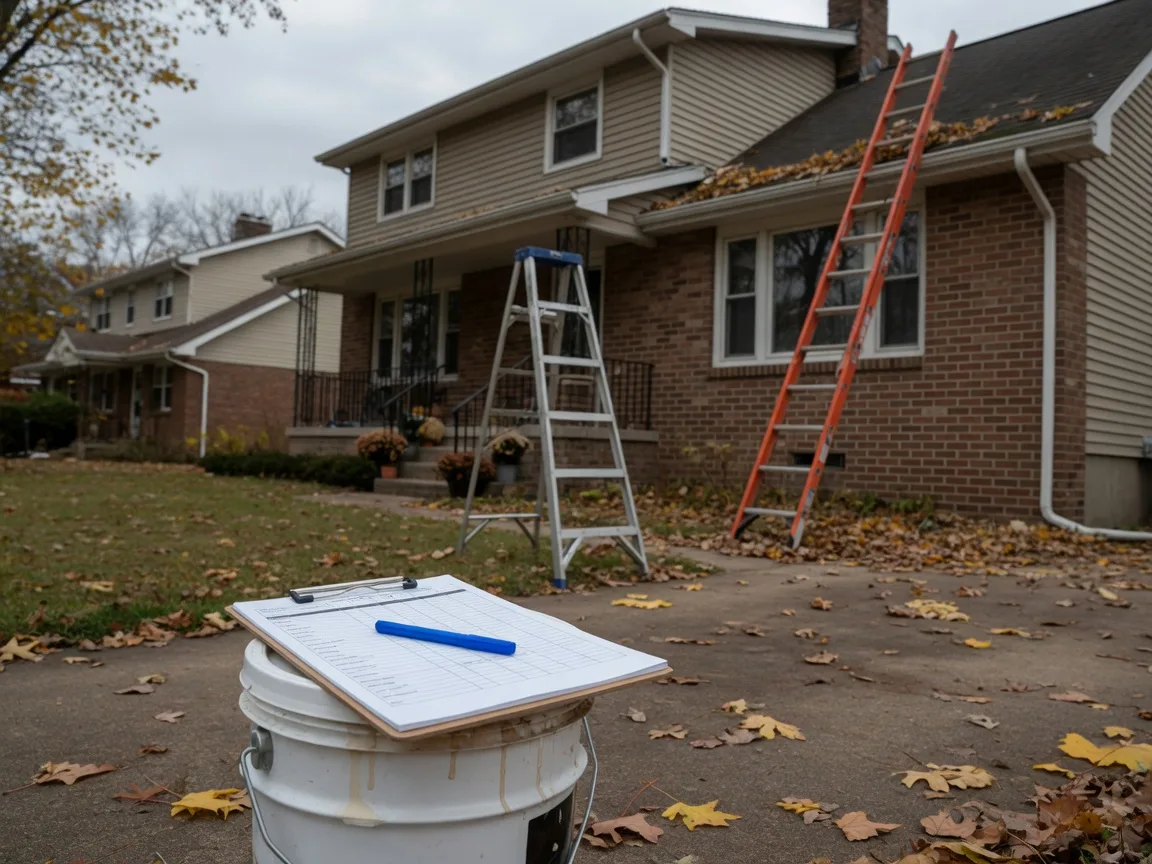 A clipboard with a home inspection checklist resting on a paint bucket beside a two-story brick and vinyl-siding Michigan home, with a ladder against the eave on an overcast autumn day