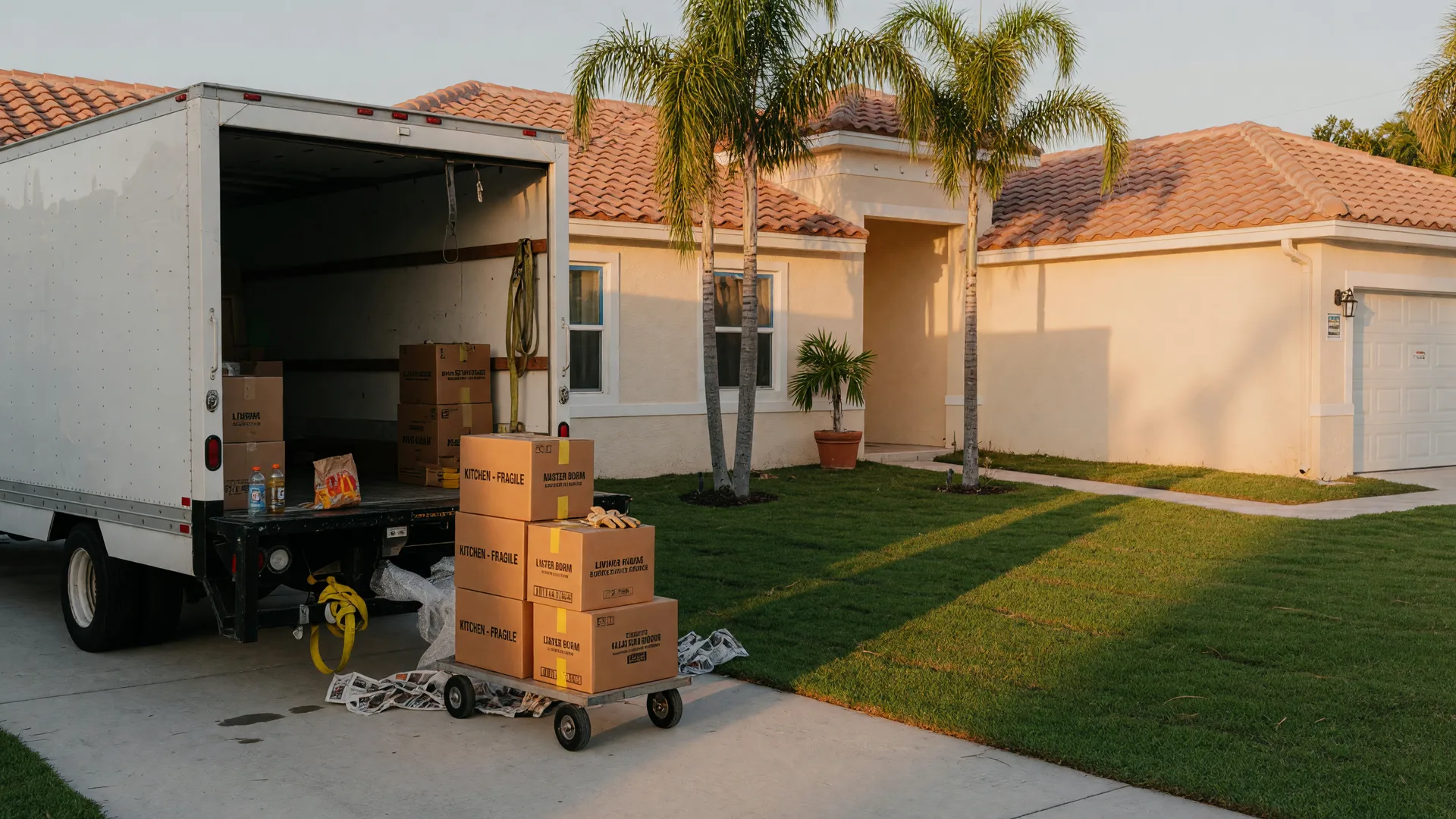 A moving truck backed into the driveway of a new stucco Florida home with a tile roof and palm trees, boxes on a dolly in warm late-afternoon light.