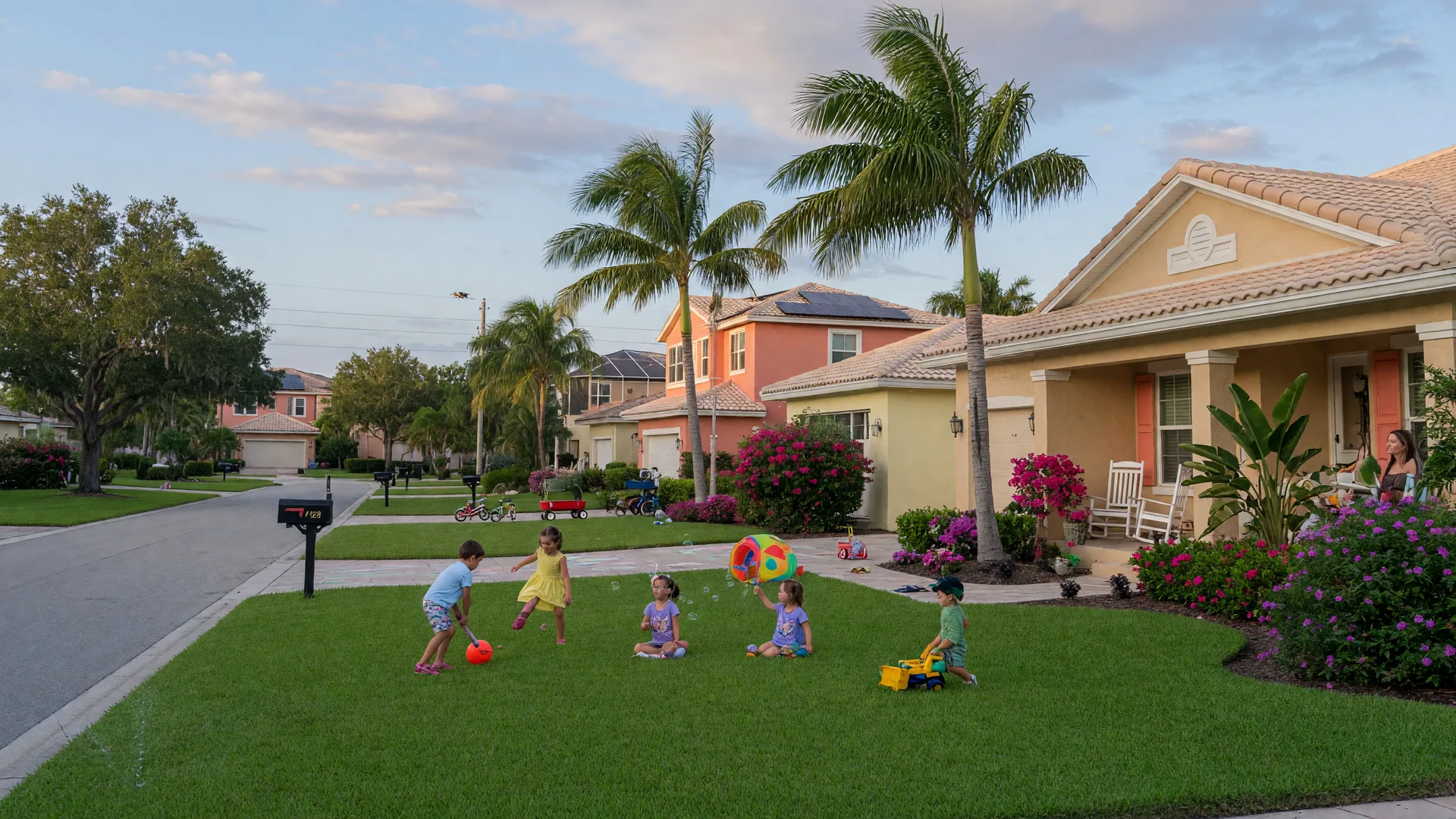 Family-friendly neighborhood in South Florida with children playing in the yard