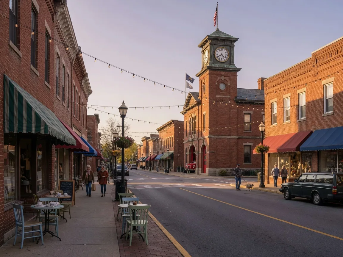Main Street in downtown Lansdale, Pennsylvania with red brick storefronts and a corner cafe