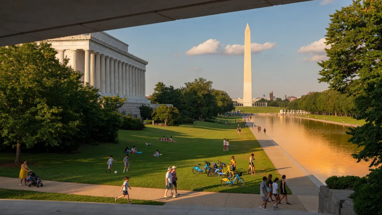 The National Mall in Washington, DC at golden hour with the Washington Monument and Lincoln Memorial in the distance