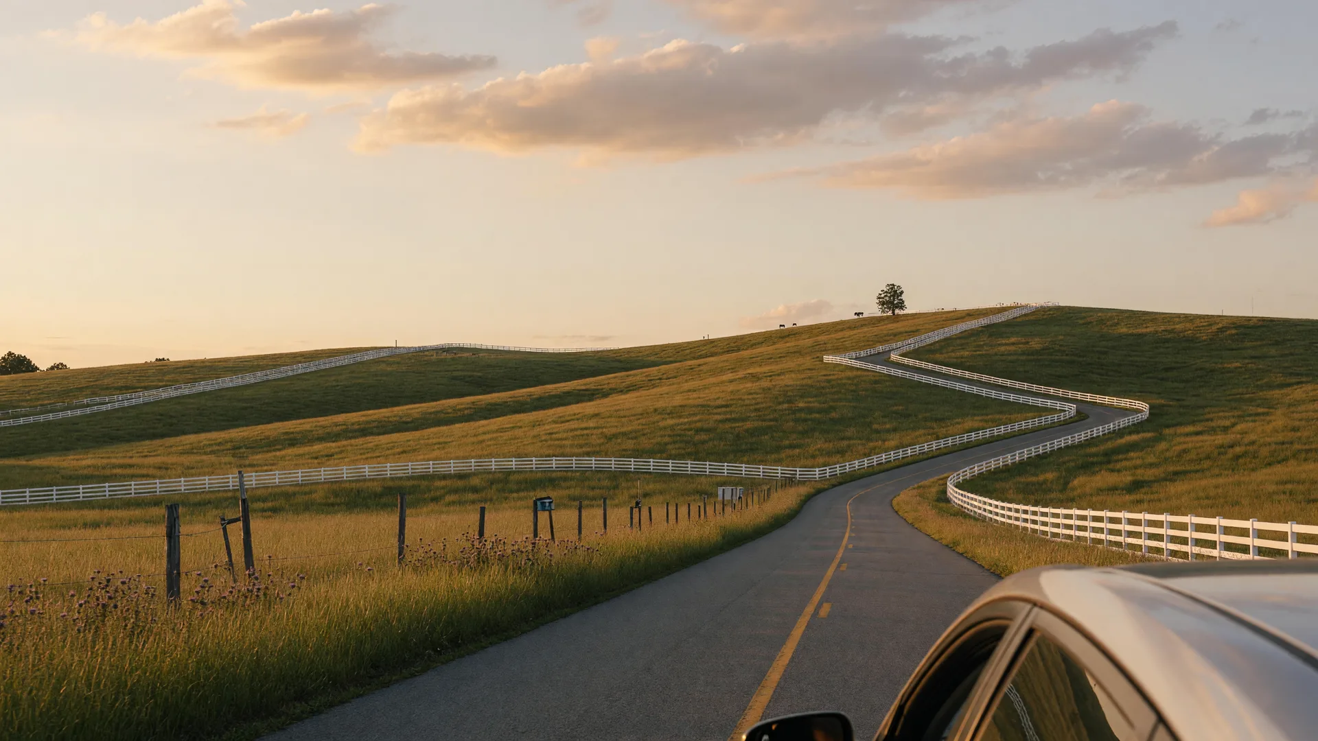 A quiet rural road curving through rolling bluegrass pastures at golden hour