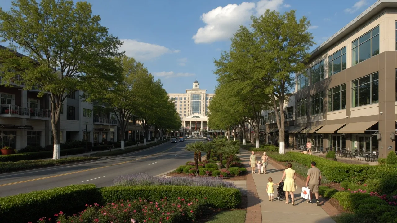 Ballantyne neighborhood in Charlotte NC with tree-lined boulevard and upscale architecture