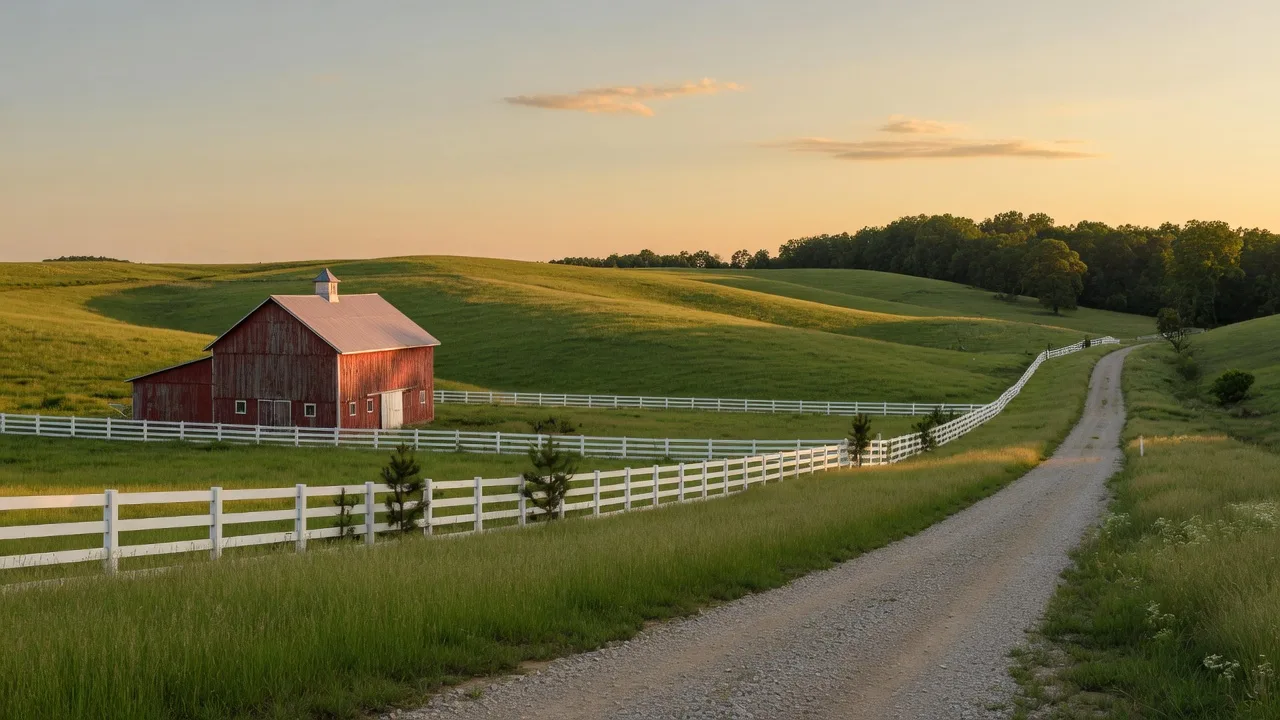 Rolling bluegrass farmland with a weathered red barn and white board fences in South Central Kentucky at golden hour