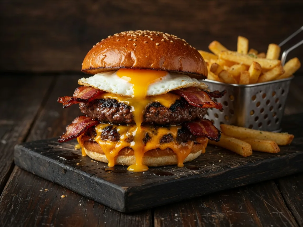 The Crack O' Dawn Burger at Moonshiners Bar and Grill in Braselton Georgia, a ten-ounce patty stacked with cheddar, cherrywood bacon, and a fried egg with golden fries