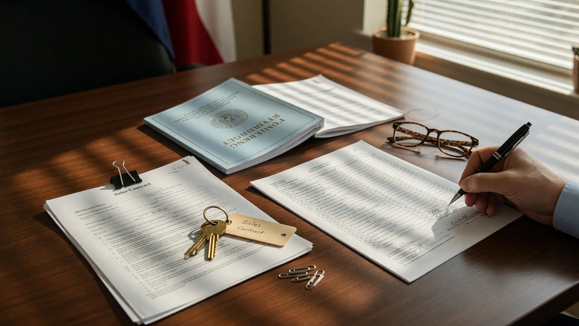 A hand signing a settlement statement beside an owner's title insurance policy, a sales contract, and a brass house key on a wood table